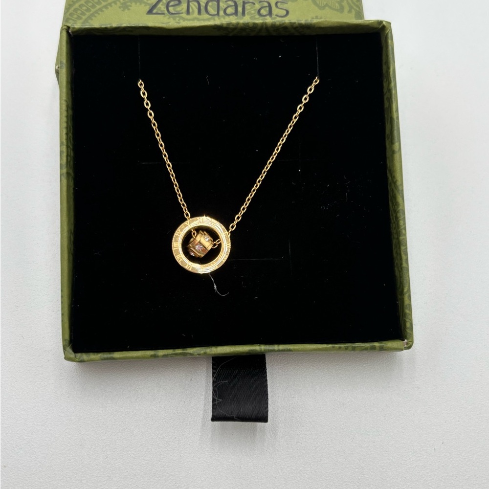 Woman 18K Gold Plated Stainless Steel Round Ring Shiny CZ Chain Necklace Roman